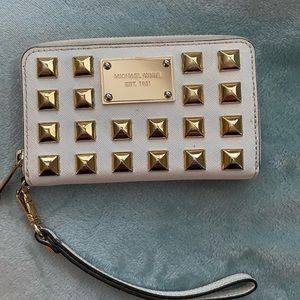 Michael Kors white and gold studded small wristlet wallet